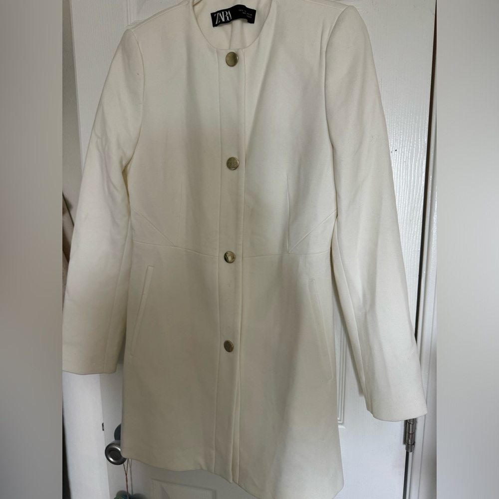 Zara Womens White Blazer :S  Tailored Jacket Frock Coat Golden Snaps
